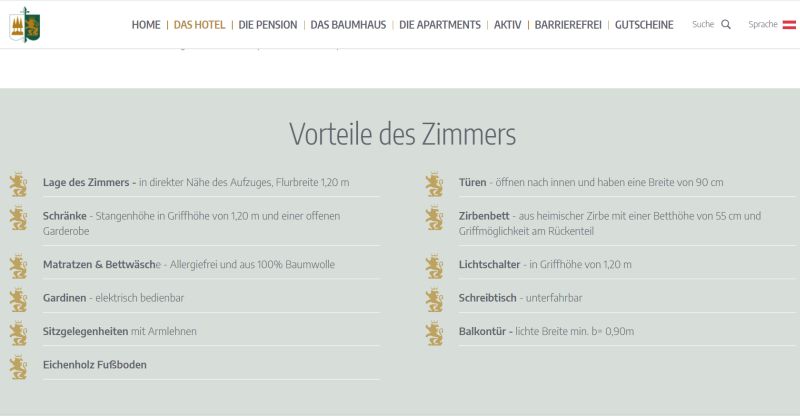 Gute barrierefreie Reiseziele bieten die nötige Information - Screenshot von Hotelwebsite mit Zimmer Infos