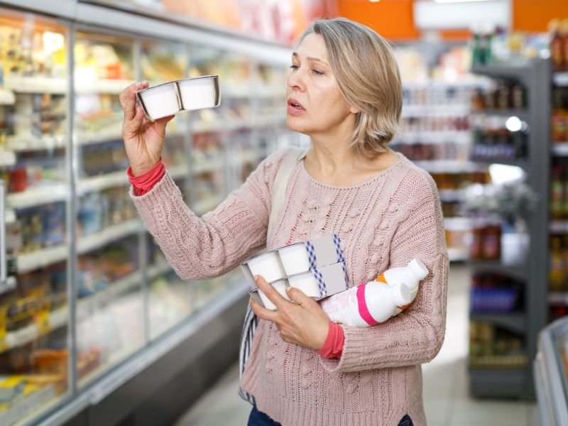 Elderly woman trying to read product label in a supermarket