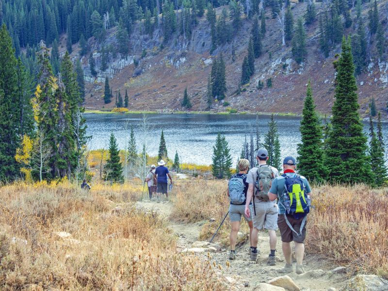 Group of hikers passing a mountain lake - hiking offers